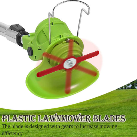 60 Pack String Trimmer Blades Replacement Set for Weed Eater Wacker Blades with Universal Fit, installed on green trimmer