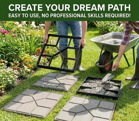 Person using DIY Garden Path Stepping Stone Molds 2 Pack Reusable Concrete Paver Molds for Outdoor Patio Pathway in garden.