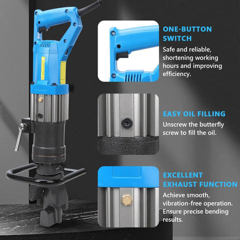 Close-up of 5/8 Inch Electric Hydraulic Rebar Bender's one-button switch and oil filling mechanism.