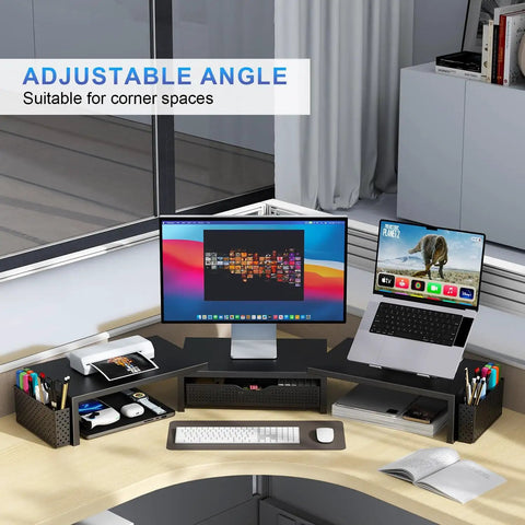 Dual Monitor Stand Riser With Drawer And Magnetic Pen Holders Adjustable Desk Organizer for home office, black, top shelf view