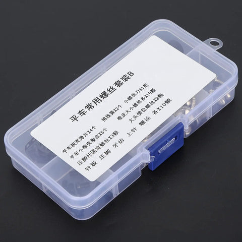 Super Tight Industrial Sewing Machine Screw Kit With Stainless Steel Shrapnel And Needle Parts To Fix Presser Feet Bobbins Fast in a storage box.