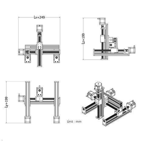 Technical drawing of Gantry Linear Stage XYZ Slide Table for DIY CNC Machining with dimensions and 100mm travel on each axis.