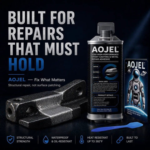 Heavy Duty Metal Epoxy For Structural Repair That Holds Brackets Housings Frames And Tools On Metal And Aluminum Load Bearing Waterproof And Heat Resistant To 392F Drillable After Cure 1.69 Oz. packaging with metal part