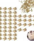 Premium Brass Mini Hinges For Cupboards Display Cabinets Slick Gold Finish Top Notch Small Door Hardware Smooth Swing Design Dead Set Perfect For Craft Box Accessories 8 X 10 Mm 50 Piece Kit arranged with screws and a sample box.