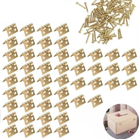 Premium Brass Mini Hinges For Cupboards Display Cabinets Slick Gold Finish Top Notch Small Door Hardware Smooth Swing Design Dead Set Perfect For Craft Box Accessories 8 X 10 Mm 50 Piece Kit arranged with screws and a sample box.