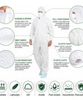 Diagram of Disposable Hazmat Coveralls With Hood Pack Of 12 White Breathable SMS Non Woven Painter Suit With Front Zip For Easy On And Tight Fit Elastic Hood And Ankles X Large, highlighting features.