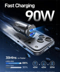 Image of Dual USB C Car Charger 90W Fast Charge With 45W Per Port placed over a smartphone, highlighting fast charging capabilities.