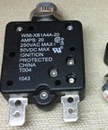 Heavy Duty Thermal Circuit Breaker 20 Amp 250VAC Push Reset Switch with detailed label and terminals for auto rigs.
