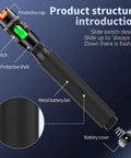 Front view of black handheld VFL fiber optic tester with protective cap, switch, and battery compartment.