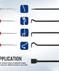 9 Piece Precision Pick And Hook Set With Scraper For Auto And Electronics showing various hook angles and ergonomic handles.