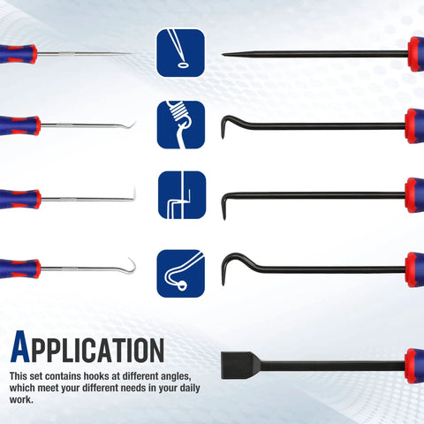 9 Piece Precision Pick And Hook Set With Scraper For Auto And Electronics showing various hook angles and ergonomic handles.