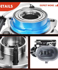 Close-up of front wheel bearing and hub assembly with ABS for 5 lug vehicles, showing bearing details and connector ports.