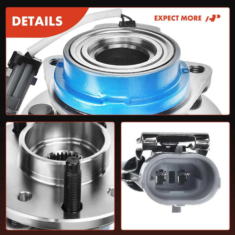 Close-up of front wheel bearing and hub assembly with ABS for 5 lug vehicles, showing bearing details and connector ports.