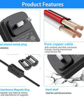 Close-up of 12V Massager Charger Power Cord 2A DC Power Adapter with nickel plug, pure copper cable, magnetic ring, hard shell features