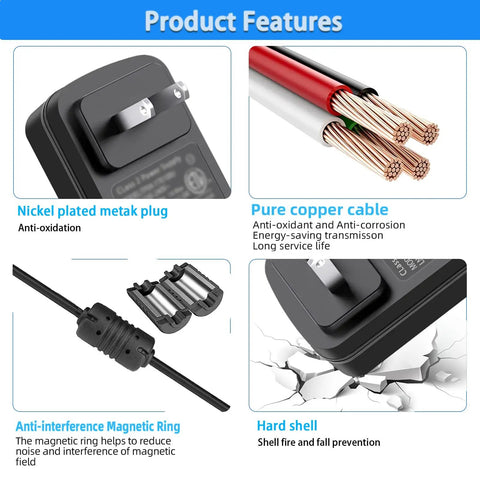 Close-up of 12V Massager Charger Power Cord 2A DC Power Adapter with nickel plug, pure copper cable, magnetic ring, hard shell features