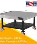 Hella Sturdy Heavy Duty Welding Fixture Table With Precision Laser Cut Industry Standard Holes And Locking Swivel Casters 60X60X36 side view with shelf and casters.
