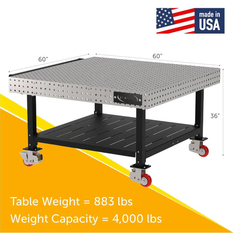 Hella Sturdy Heavy Duty Welding Fixture Table With Precision Laser Cut Industry Standard Holes And Locking Swivel Casters 60X60X36 side view with shelf and casters.