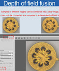 Pro Grade Light And Dark Field Electron Metallographic Microscope With 4K HD Measurement Camera For Direct Computer Or Monitor Connection Via HDMI USB 3 And LAN For Quick Setup And Precise High Resolution Imaging Plug And Play Ready image showing depth of field fusion software and metal sample