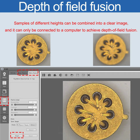 Pro Grade Light And Dark Field Electron Metallographic Microscope With 4K HD Measurement Camera For Direct Computer Or Monitor Connection Via HDMI USB 3 And LAN For Quick Setup And Precise High Resolution Imaging Plug And Play Ready image showing depth of field fusion software and metal sample
