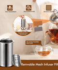 1 Liter Glass Teapot With Removable Infuser, Stovetop Safe Blooming And Loose Leaf Tea Maker, showcasing easy pour feature with infuser close-up.