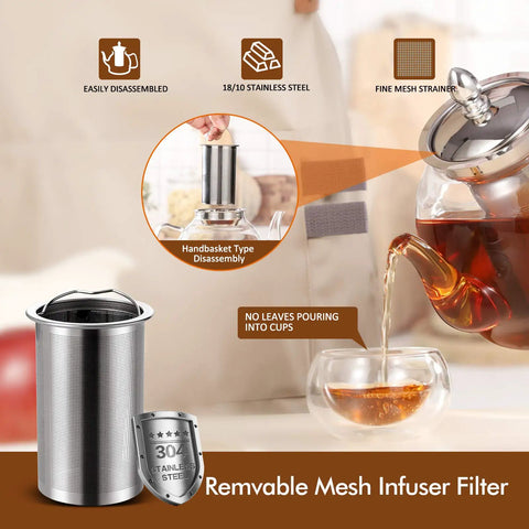 1 Liter Glass Teapot With Removable Infuser, Stovetop Safe Blooming And Loose Leaf Tea Maker, showcasing easy pour feature with infuser close-up.
