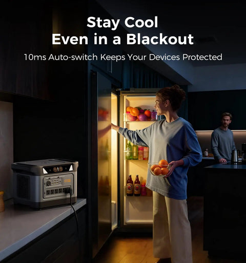 Hella Durable 2083Wh Solar Generator powering a refrigerator during a blackout, keeping food cool with a woman accessing it.