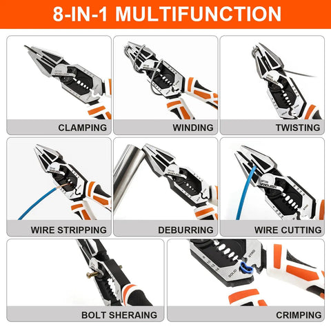 Heavy Duty 8 In 1 Linesman Pliers For Electrical DIY Projects Wire Cutter Crimper Stripper Twist Deburr Winding And More Go To Multipurpose CRV Steel Hand Tool showing functions