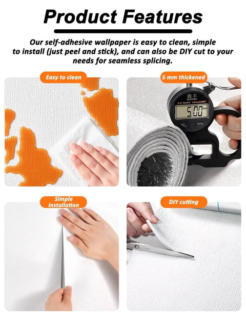 Hands demonstrating easy installation of Game Changing 5 Mm Thick Thermal Insulation Wallpaper Roll Self Adhesive.