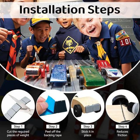 Pinewood Derby Car Weights Kit With 4 Ounce Total Weight Lead Free Derby Weights And Half Ounce Graphite Powder Graphite Lubricant For Pine Wheels And Axles Low Profile Weights To Tweak The COG And Easy Install installation steps with scouts and cars in background