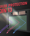 Auto Darkening 2x4 Welding Lens Shade 8-13 With True Color Blue Tech Filter Replacement showing UV and IR protection features