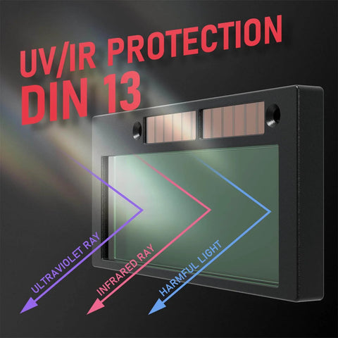 Auto Darkening 2x4 Welding Lens Shade 8-13 With True Color Blue Tech Filter Replacement showing UV and IR protection features