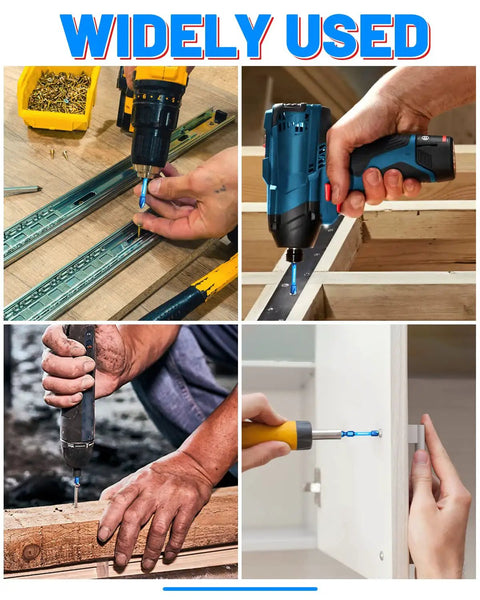 Heavy Duty Magnetic Impact Driver Bit Set With Blue Titanium Coated S2 Steel used for various tasks, shows versatility and application in wood and cabinet work.
