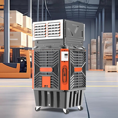 Industrial Grade Evaporative Cooler Featuring 50 Fan Speeds And Copper Motors Pumping Hella Fresh Air Across 1800 Square Feet Patios Warehouses Barns And Workshop Areas Smashing Stale Heat Until You Chill Out Totally in a spacious warehouse.