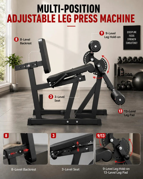 All-In-One Leg Extension And Curl Machine With 700 Lbs Capacity For Home Gym, side view showing adjustable backrest and seat