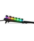 Top Tier Mechanical Gaming Keyboard Featuring Integrated OLED Display USB Passthrough Media Controls Heavy Duty Aluminum Housing Tactile Clicky Blue Switches Full Spectrum RGB Lighting For Gamers side view with RGB lighting