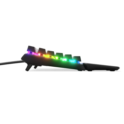 Top Tier Mechanical Gaming Keyboard Featuring Integrated OLED Display USB Passthrough Media Controls Heavy Duty Aluminum Housing Tactile Clicky Blue Switches Full Spectrum RGB Lighting For Gamers side view with RGB lighting