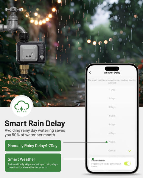 Smart WiFi Sprinkler Timer With Rain Delay, Auto And Manual Modes, Outdoor Hose Irrigation Controller app interface showing rain delay settings.