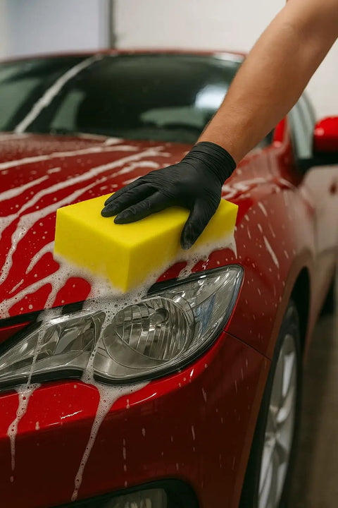 Two Pack Extra Thick Large Rectangle Car Wash Sponges For All Purpose Cleaning Non Scratch Safe On Paint Ideal For Vehicle Washing Equipment Cleaning And Boat Cleaning on red car hood