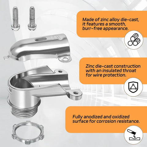 Rock Solid 6 Pack 90 Degree Squeeze Connectors For Half Inch Flexible Metal Conduit AC And FMC Heavy Duty zinc alloy die-cast connector with smooth finish.