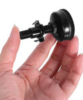 Hand holding Eight Piece Adjustable Threaded Furniture Leveling Feet Set With Carbon Steel And Nylon Legs Black Finish Easy Install