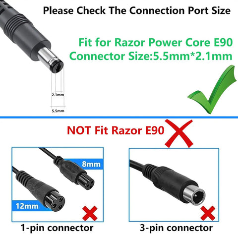 Diagram showing 12V Replacement Charger For Power Core 90 And E90 E95 Electric Scooters with connector sizes and notes