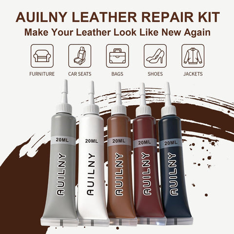 Leather Repair Kit For Furniture, Cars, Jackets, And Purses, DIY Color Match Kit with five colored tubes on display