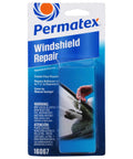 Front view of Permatex windshield repair kit packaging with syringe and instructions for bullseye damage on auto glass.