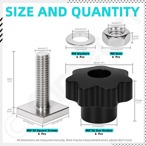 24Pcs T Nut Adapter Kit M8 Slot Blocks for Roof Racks and Roof Boxes with various components and measurements