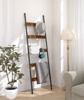 Killer 5-Tier Blanket Ladder With Heavy Duty Hooks, wall-leaning towel rack for living room and bedroom, showcasing rustic industrial decor with accessories.