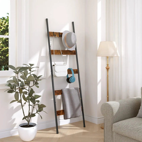 Killer 5-Tier Blanket Ladder With Heavy Duty Hooks, wall-leaning towel rack for living room and bedroom, showcasing rustic industrial decor with accessories.