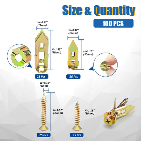 Self Drilling Drywall Anchors Kit With Screws 100 Pcs Four Size Set Heavy Duty Metal Expansion Anchors For Sheetrock, sizes shown