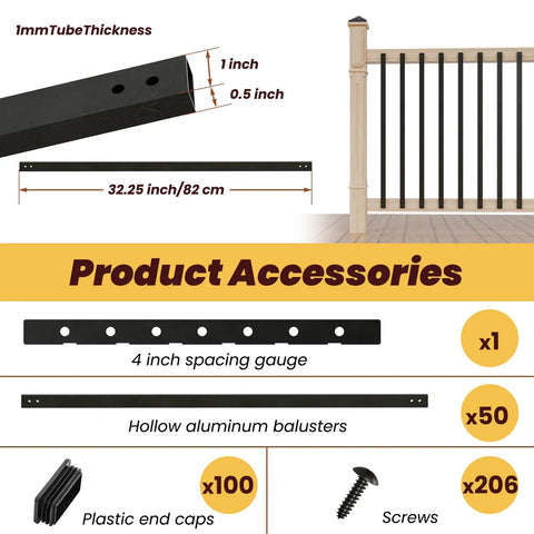 Rock Solid Black Aluminum Balusters 50 Pack 32 25 Inch Rust Proof Deck Spindles with spacing gauge and end caps.