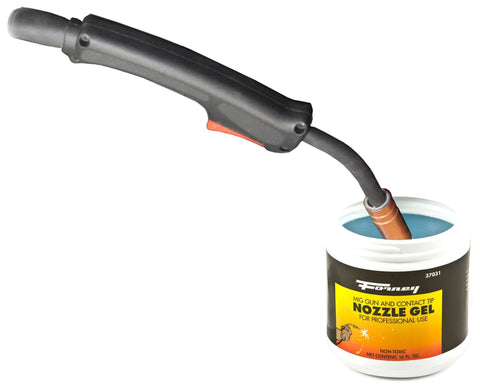 MIG Welding Nozzle Gel 16 Ounce White Odorless Non Toxic Silicon Free Pro Grade Formula That Keeps Nozzles And Contact Tips From Clogging Reducing Porosity Great For Semi And Auto Welders shown with welding gun nozzle.