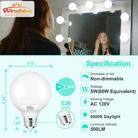 Woman adjusting hair in front of mirror with G25 Globe LED Vanity Bulbs 8 Pack 5000K Daylight for Bathroom Mirror and Vanity Lighting.